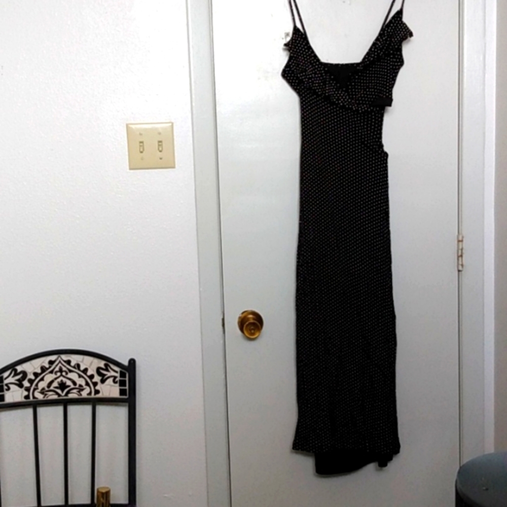 Dress black white polka dots semi sheer slip dress over black backing SMALL mid